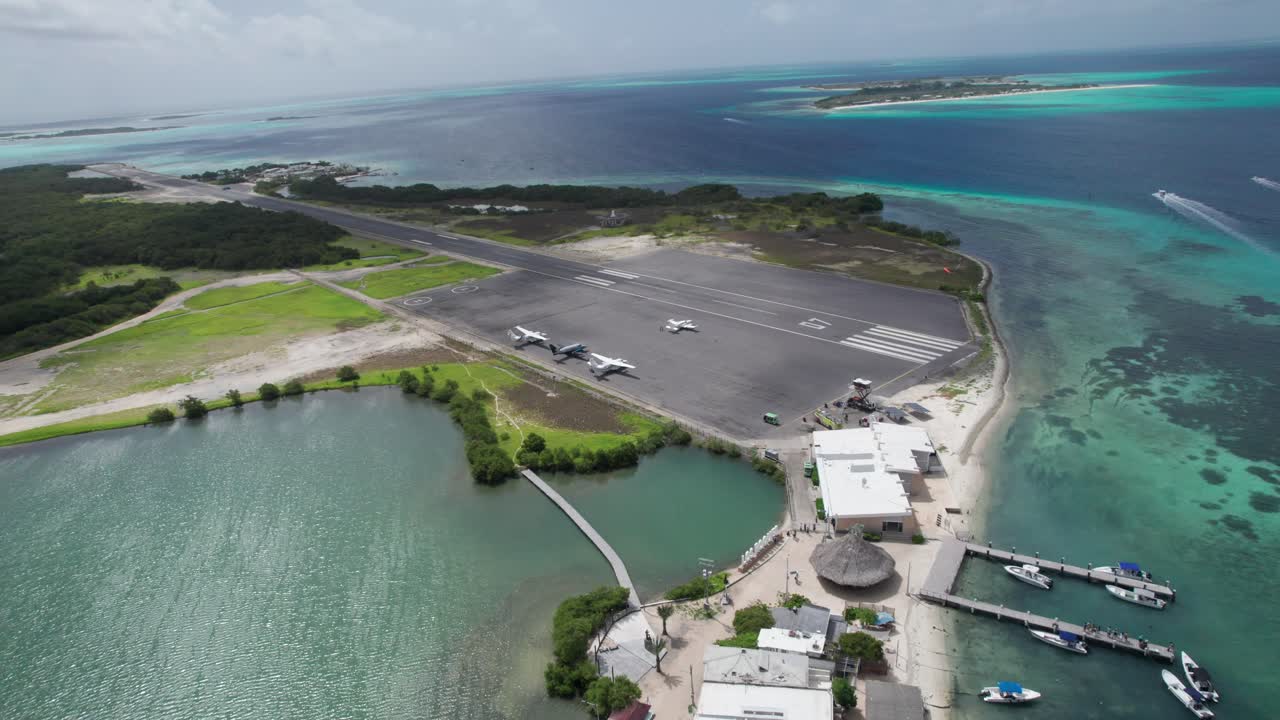 Aerial view of airplanes on a runway at Los Roques Venezuela, tranquil island scene
