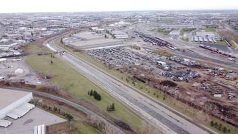 an aerial view of the car dump yard in southeast calgary