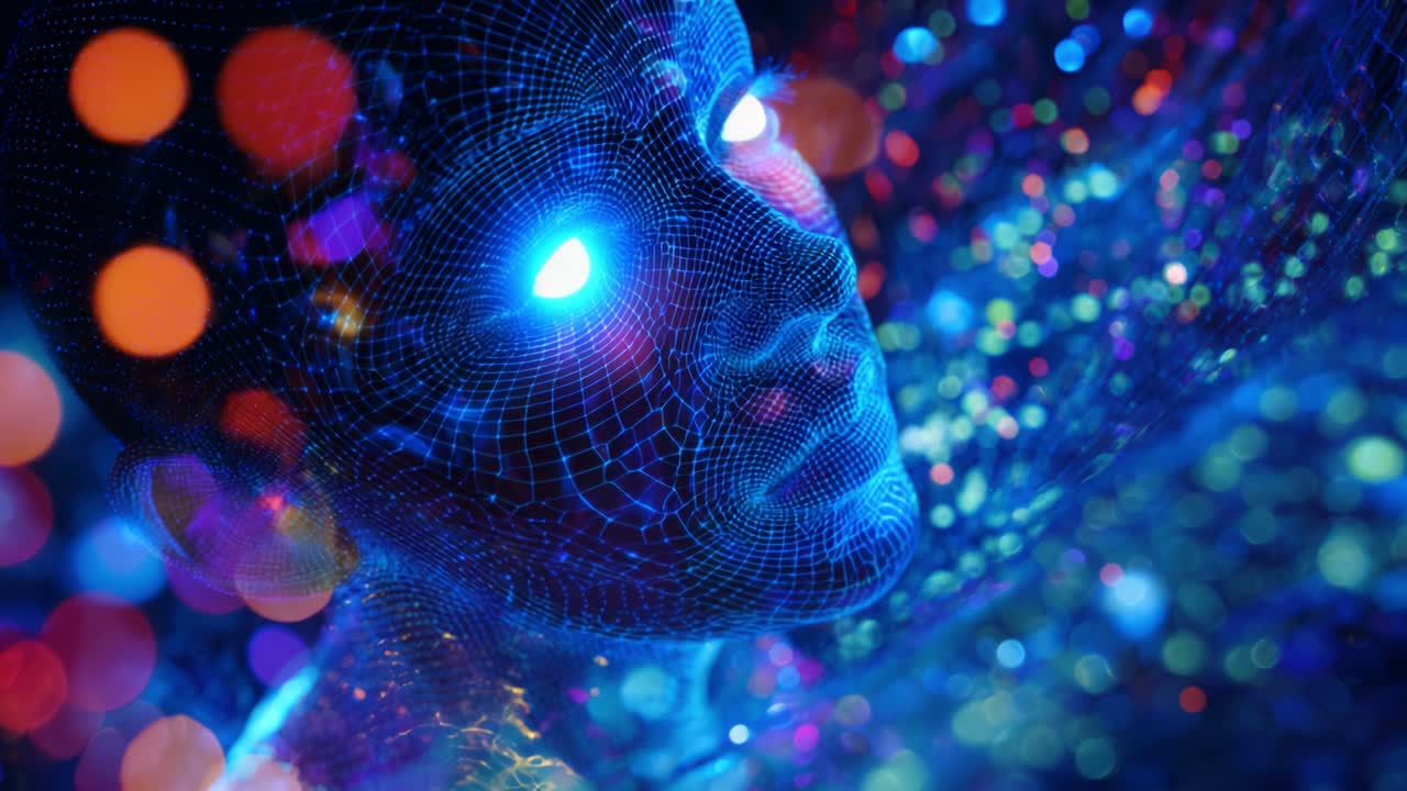 Un'affascinante figura umanoide digitale con un intricato design wireframe, intrisa di colori vibranti ed elementi luminosi, che illumina le profondità dell'intelligenza artificiale e della creatività.