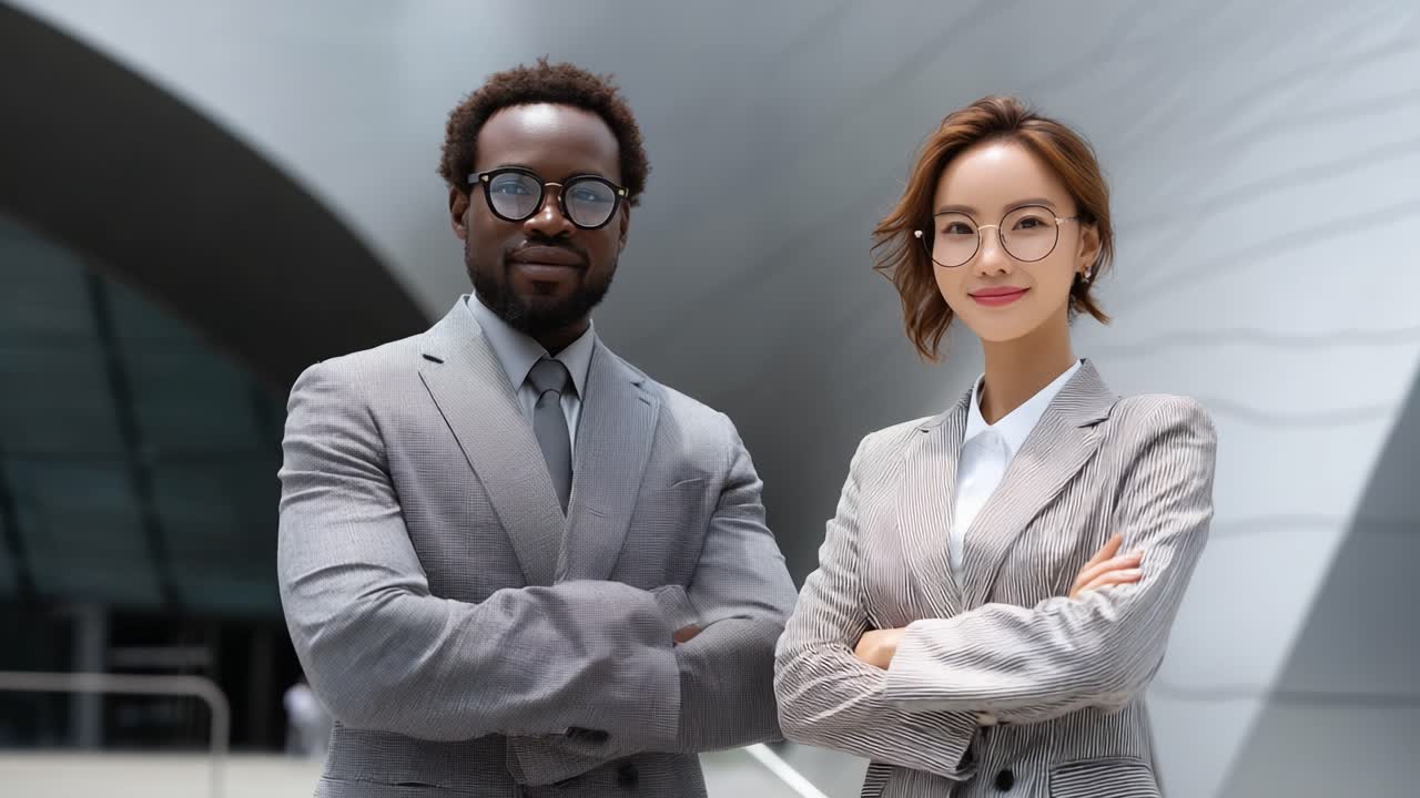 Professional Business Partners Posing Confidently in Modern Architecture: A Stylish Presentation of Ambition and Teamwork in a Corporate Environment