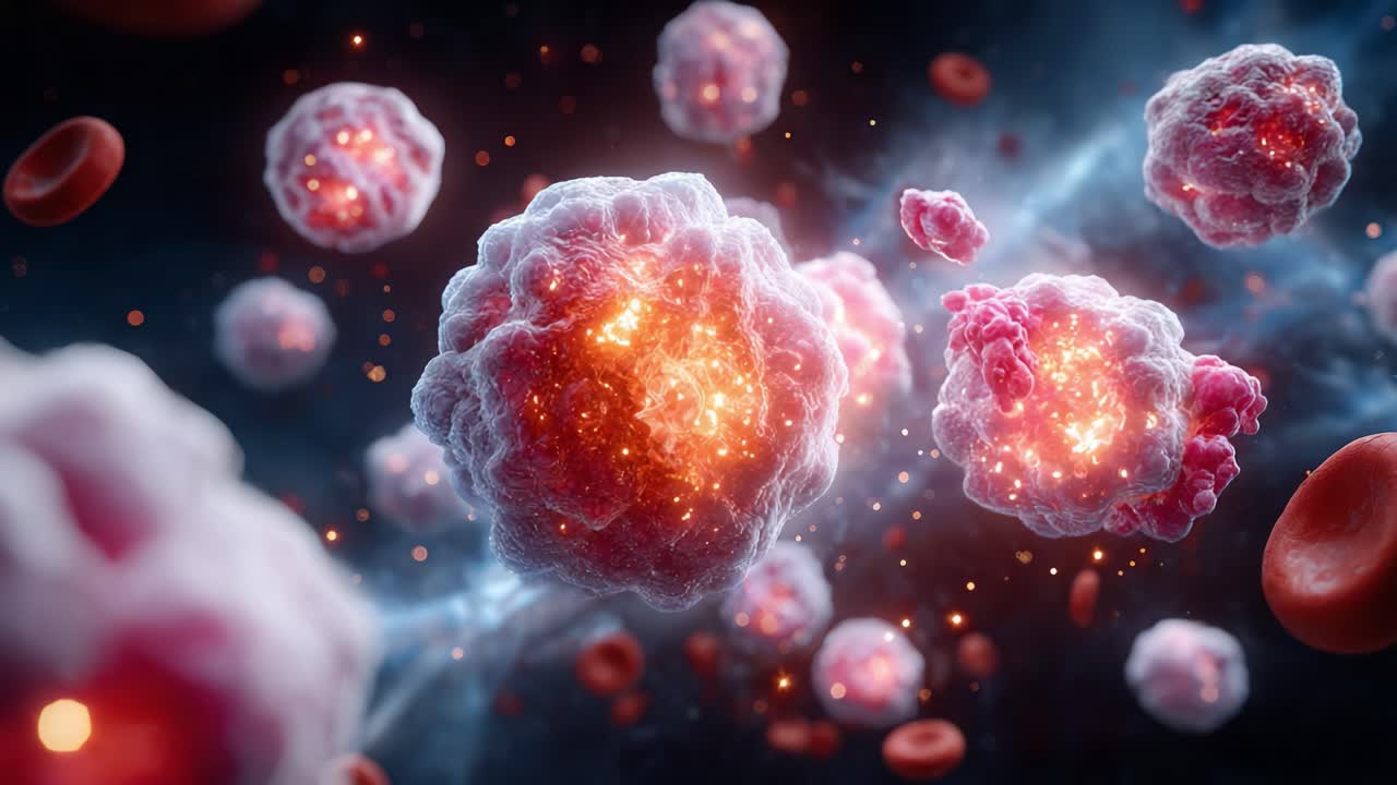 Vibrant Close-Up Visuals of Microscopic Cells Undergoing Dynamic Interactions in a Hypothetical Biological Environment with Rich Particle Detail