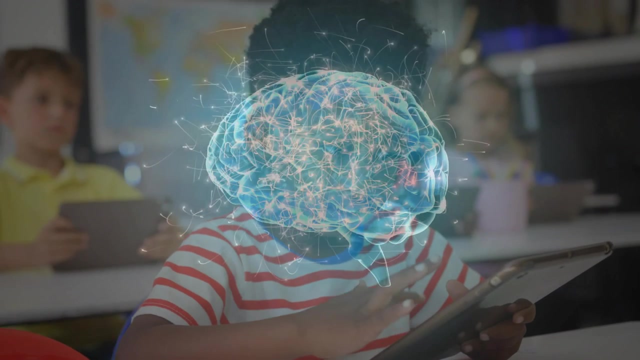 Schoolboy tapping tablet screen and revealing holographic brain projection for interactive learning