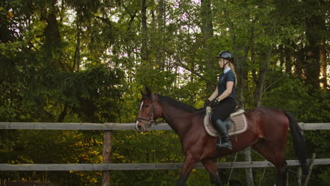 mujeres profesionales de caballos están montando en su caballo en el club de caballos al lado del bosque. están disfrutando de una mañana hermosa en la naturaleza