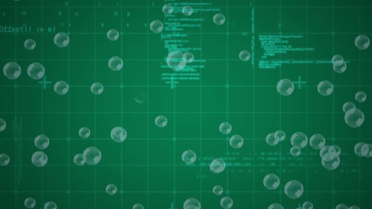 Animation of baubles and data processing on green background
