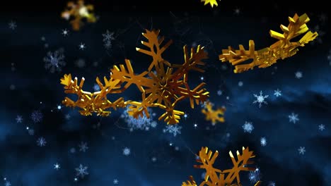 Animation-of-christmas-gold-snowflakes-and-snow-falling-on-blue-background