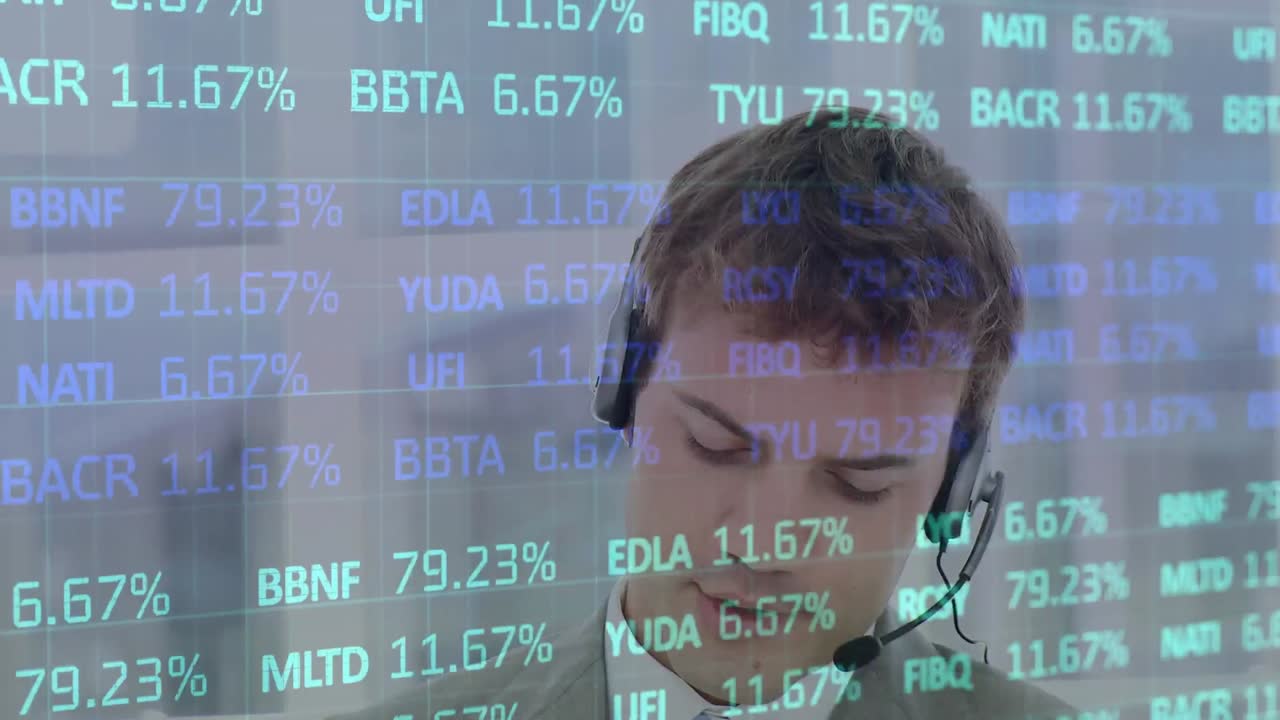 Animation of financial and statistic data processing over businessman wearing phone headset