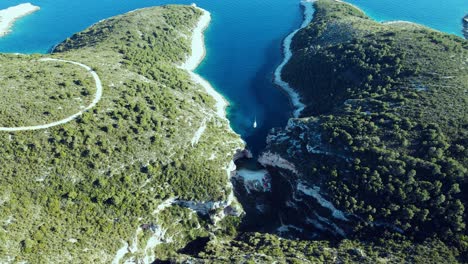 an aerial shot of the beach stiniva, wonder of geology on vis island,dalmatia, croatia