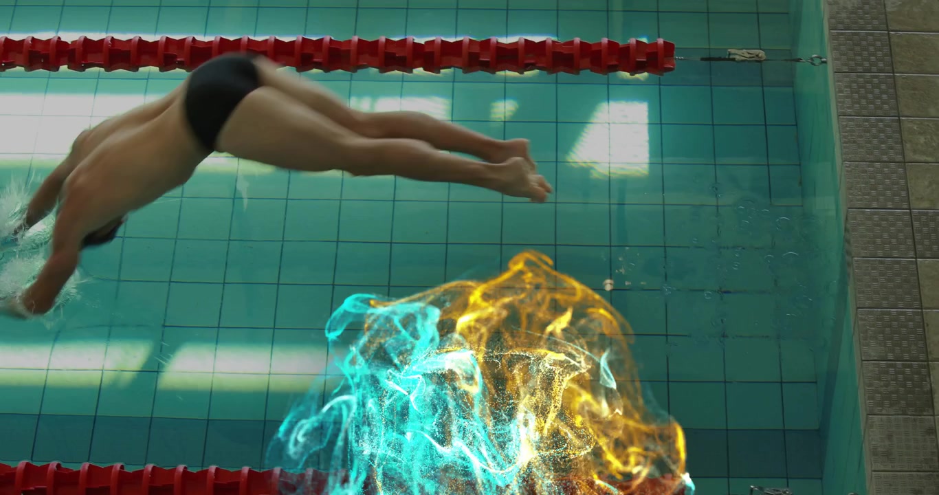 Glowing energy mass bursting in lane center and swirling over water to force swimmer retreat