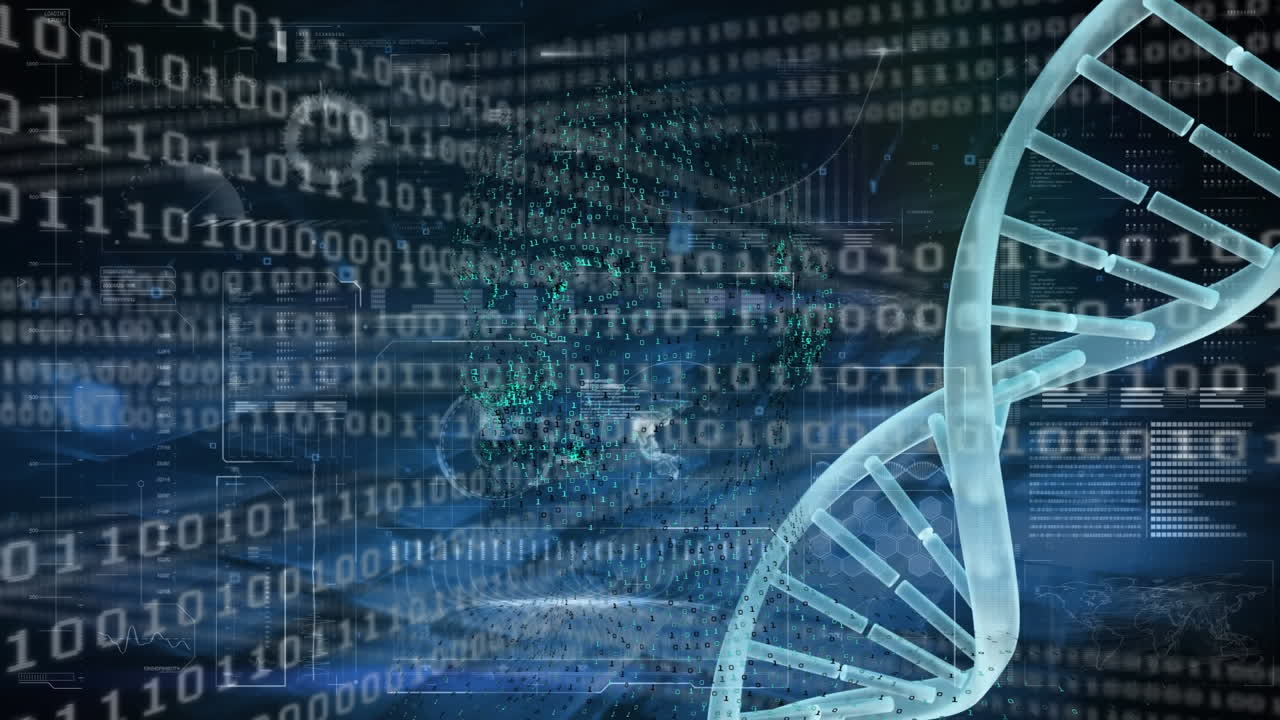 animación de la cadena de adn sobre el procesamiento de datos y la codificación binaria