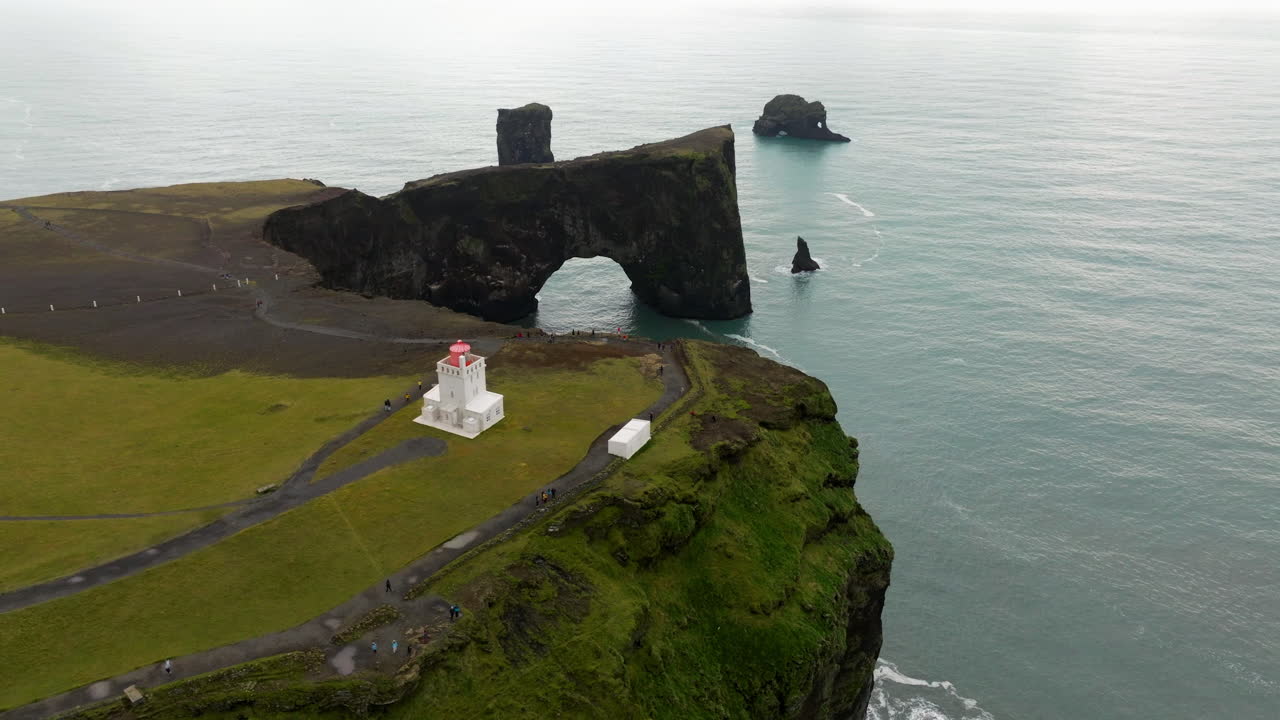 Aerial View Of Dyrh&oacute;laey Lighthouse Over Promontory In Vik, Iceland