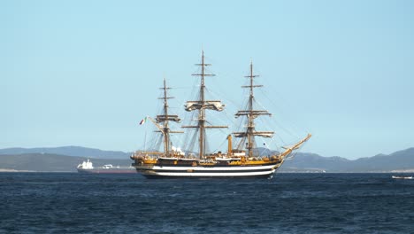 Most-beautiful-ship-in-the-world,-Amerigo-vespucci-tallship-near-coastline