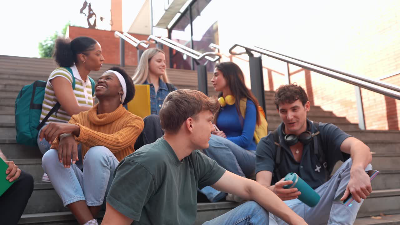 Mangfoldig gruppe af glade studerende, der hygger sig på campustrapperne