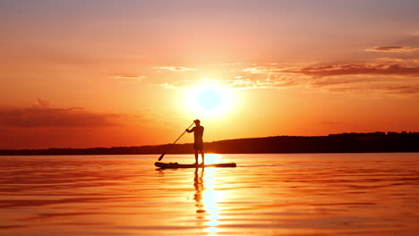 sportsman practices paddle boarding on the river at sunset time. man slowly rows with an oar.