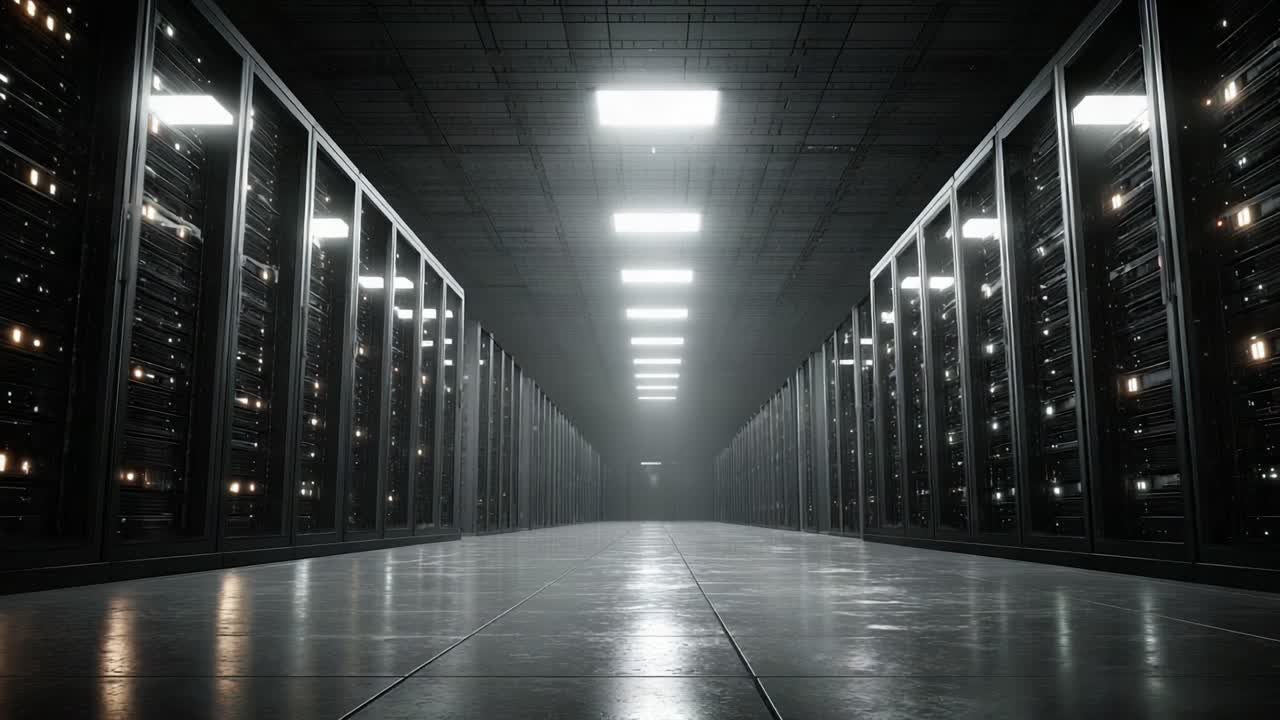 Udforskning af et datasenters udstrækning: Rækker af kraftfulde servere i et moderne, skinnende miljø med skarp belysning og en futuristisk stemning.