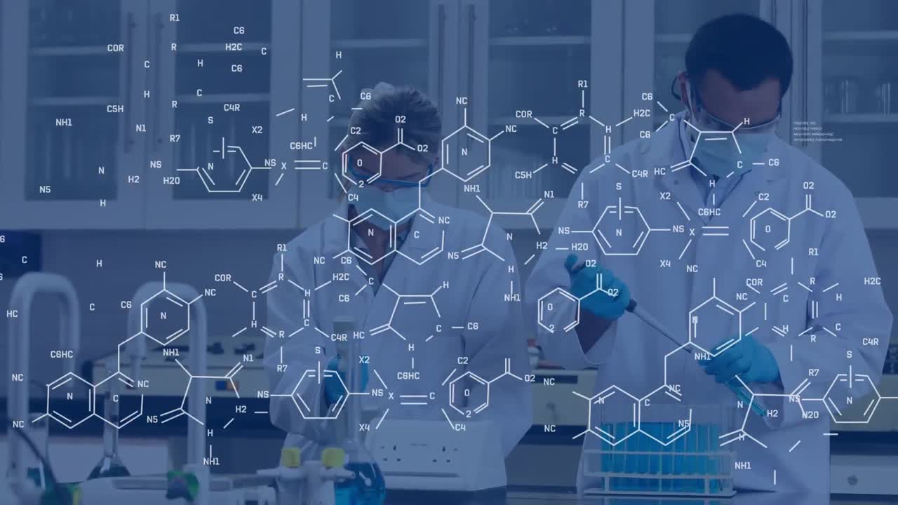 Animation of scientific data processing over diverse scientists in face masks