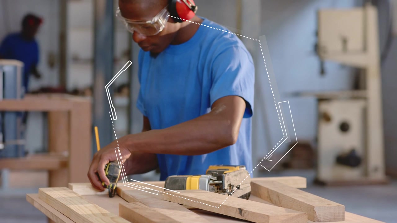Man placing tape and marking planks in woodshop, overlay tracking hands, preparing cut with jigsaw