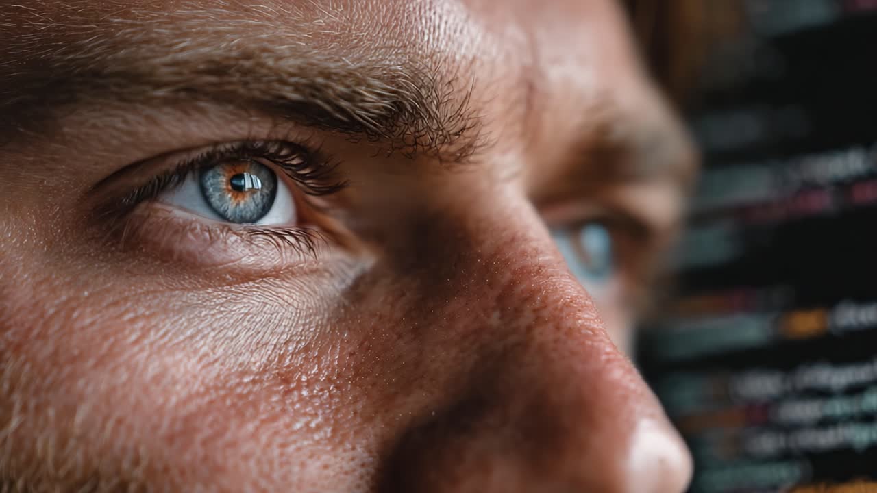 A Close-Up View of a Focused Individual Analyzing Coding on a Screen, Capturing Their Intense Concentration and Reflective State of Mind
