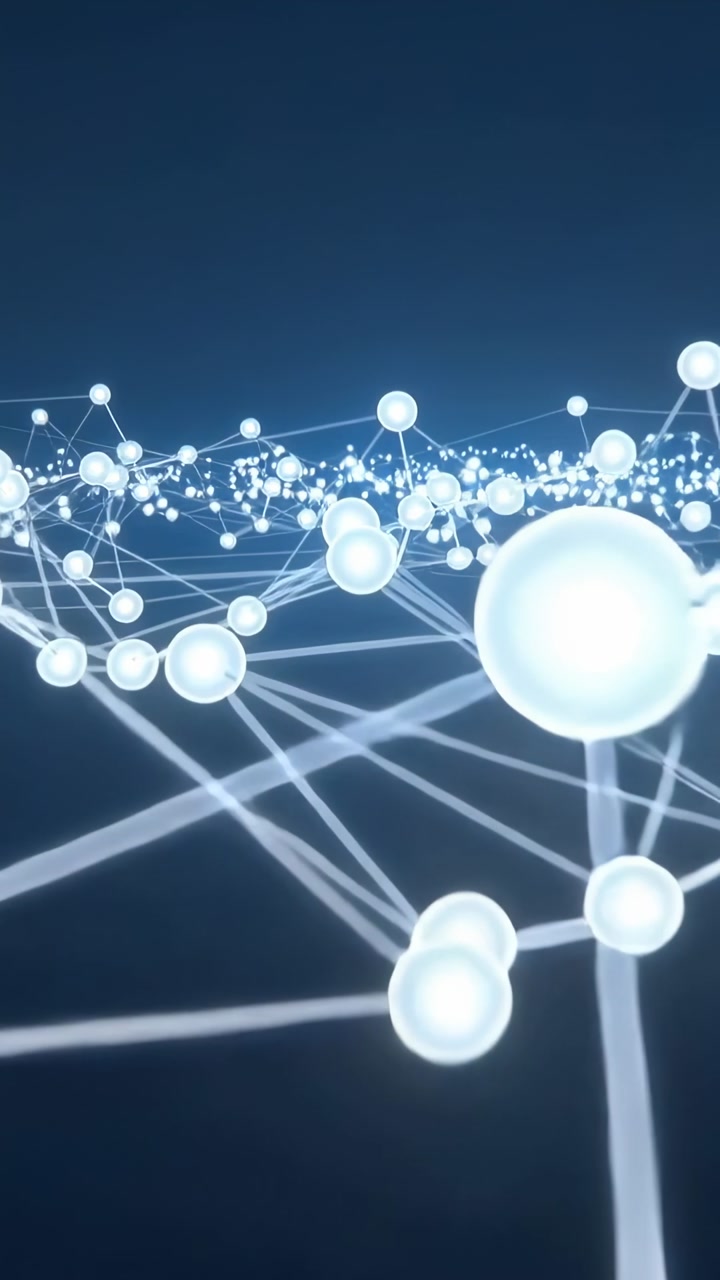 Vertical video: Pushing camera forward, glowing nodes moving through navy, revealing connectivity