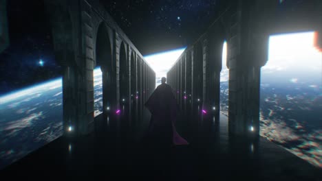 a figure in a purple robe walks through a space corridor