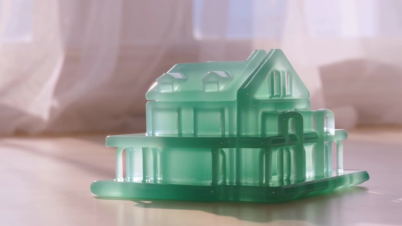 A translucent green miniature house rests on a reflective surface beside a softly lit window, with blurred sheer curtains in the background and gentle natural
