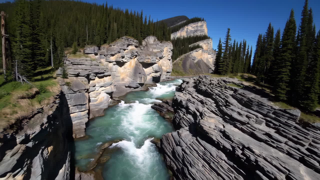 A river flowing through a rocky canyon with lush forests and distant mountains under a clear sky