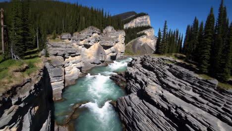 a river flowing through a rocky canyon with lush forests and distant mountains under a clear sky