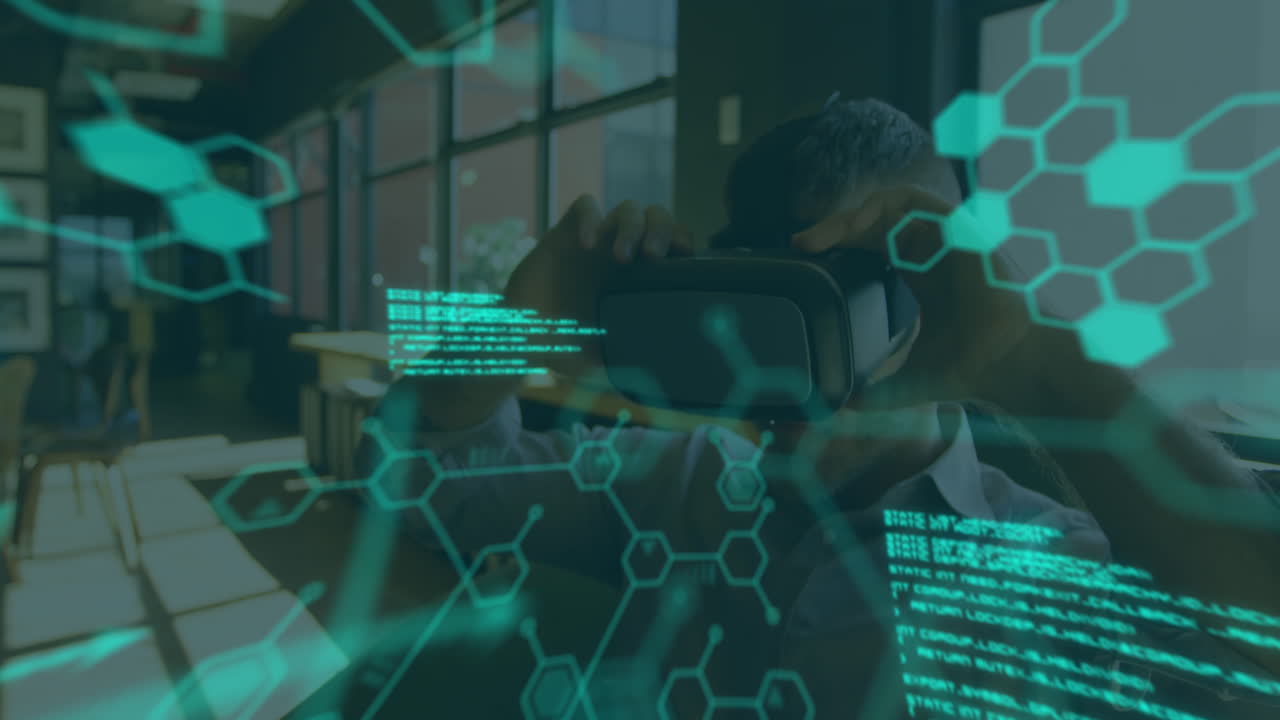 사무실에서 vr 헤드 ⁇ 을 착용하는 백인 남성에 대한 과학적 데이터의 애니메이션