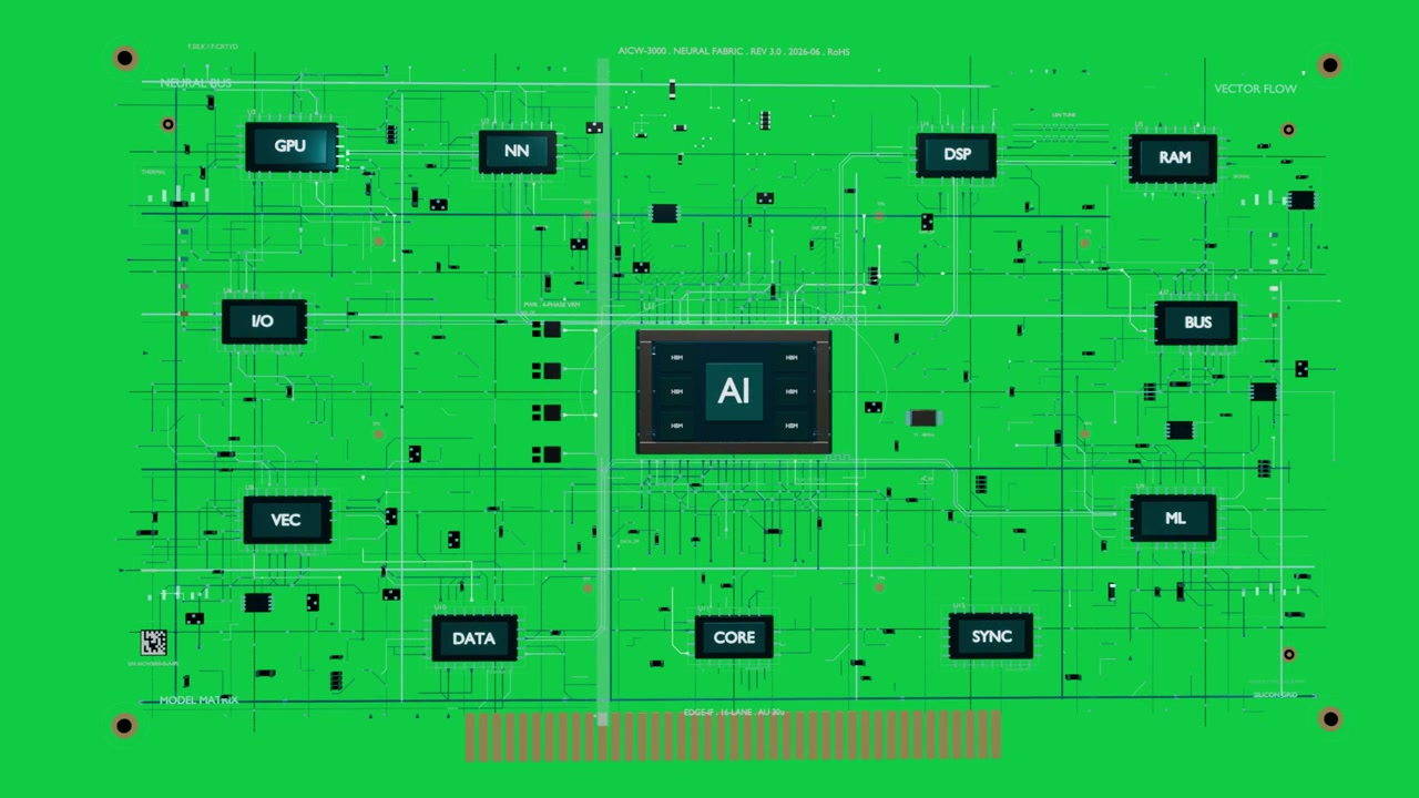 Scan sweeping AI core pulsing units lighting traces linking showing AI board on transparent canvas