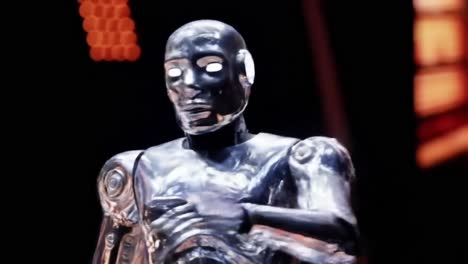 advanced robotic performer engages the audience with dynamic gestures and expressions in a high-tech showcase of artificial intelligence and motion fluidity