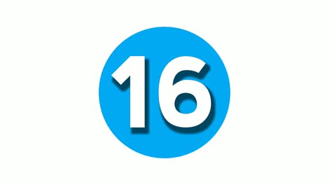 number 16 sixteen sign symbol animation motion graphics on blue circle white background,cartoon video number for video elements