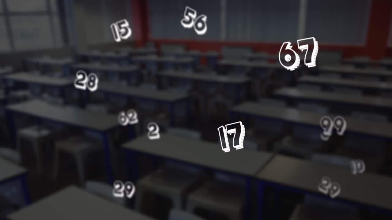 Digital composition of multiple mathematical numbers moving against empty classroom in bakground