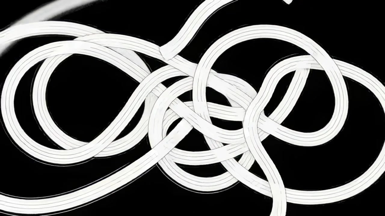 Animating white tubular ribbons sliding, opening and forming symmetric infinity knot on black field