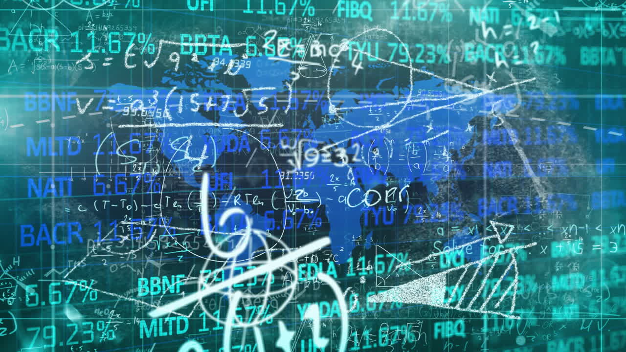 Animation of global financial data and math equations overlaying world map in school