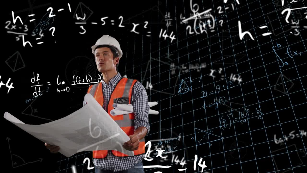 Animasi arsitek Kaukasia dengan cetak biru dan persamaan matematika dengan latar belakang hitam