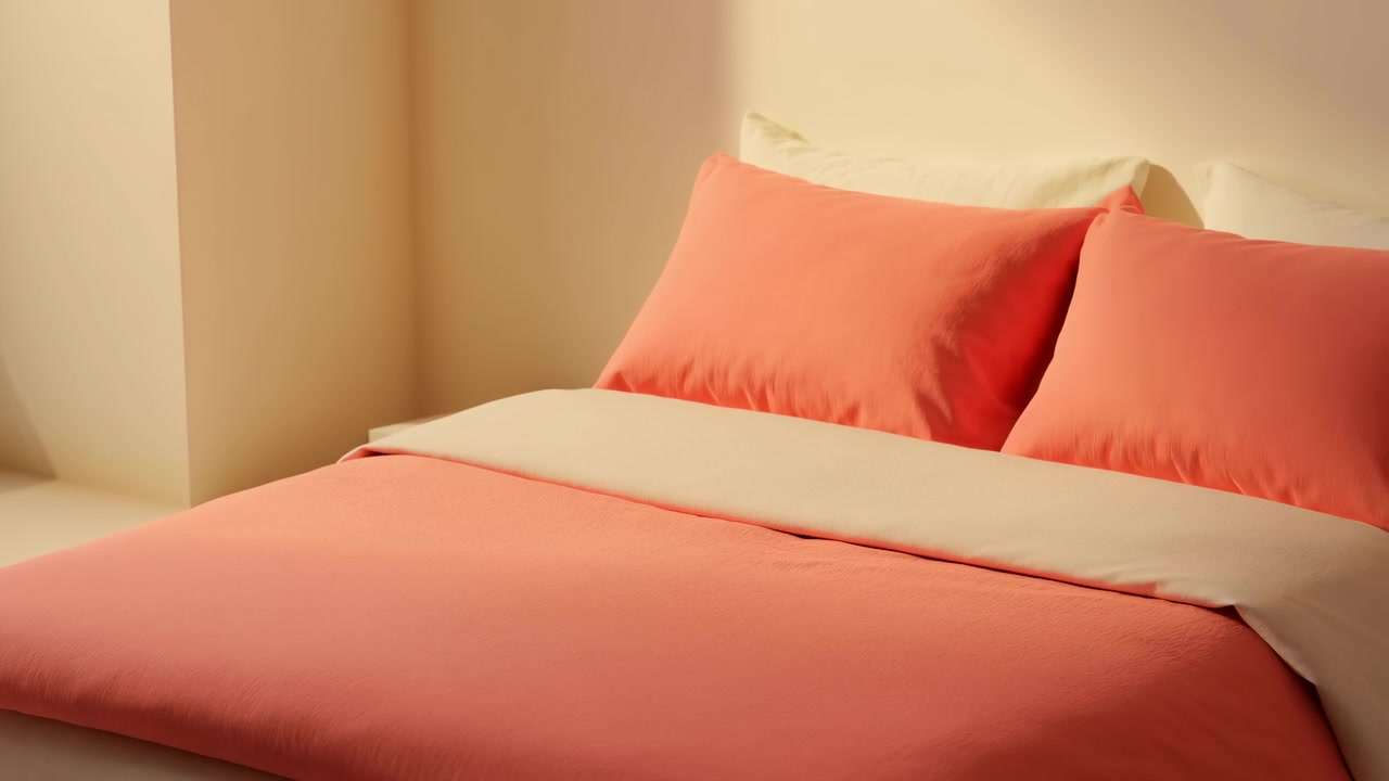 Letto color corallo, cuscini morbidi e piumone, angolo illuminato dal sole, texture tattile del lino, arredato per un interno minimalista e accogliente.