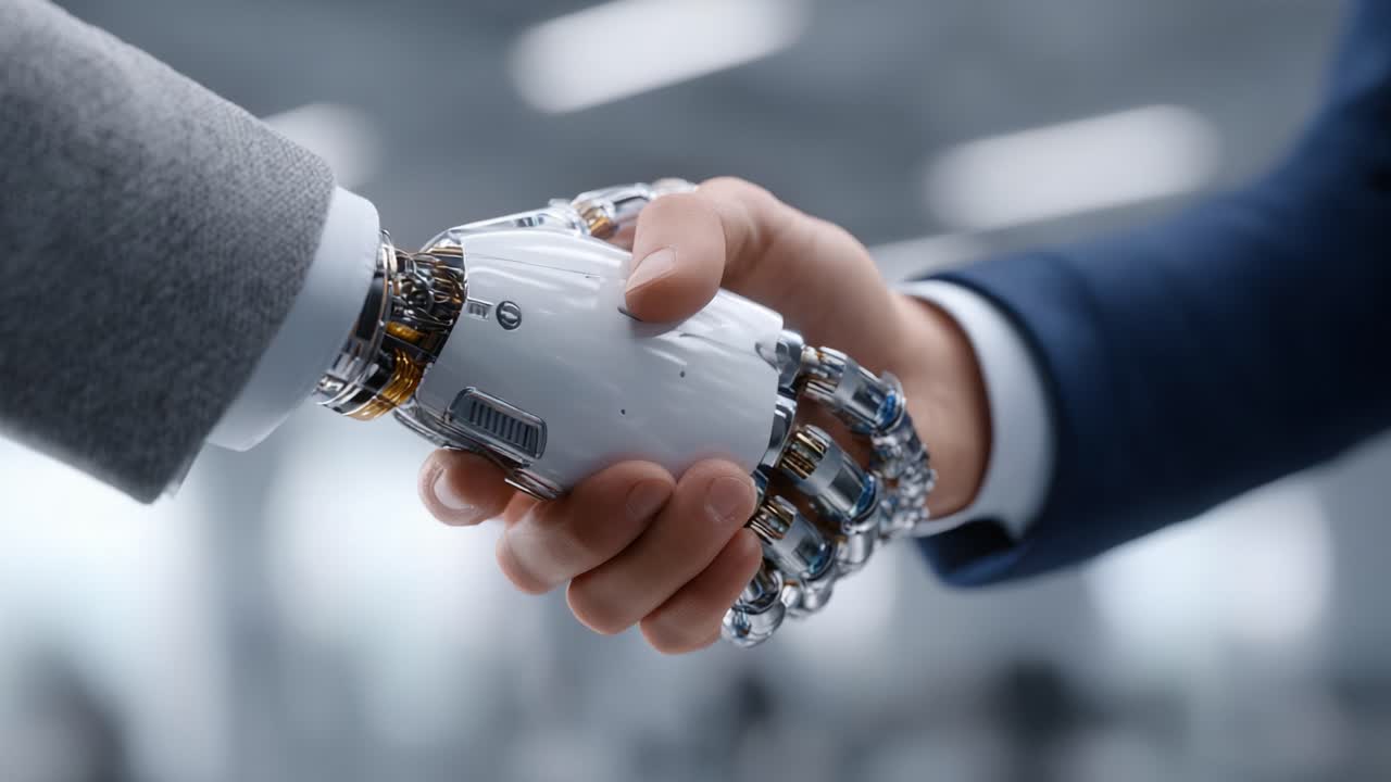 Una interacción innovadora: una mano humana estrecha la mano de un ...