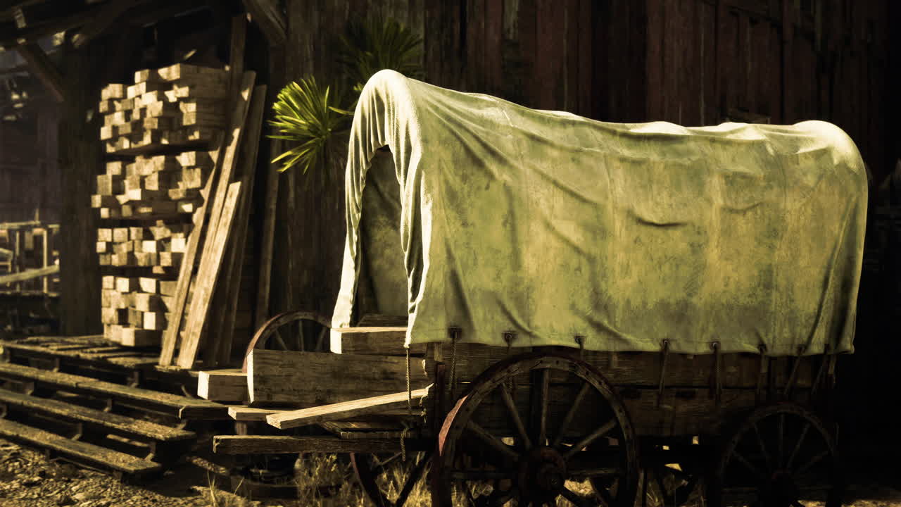 Rustic wooden wagon covered with canvas near lumber stacks at a farm
