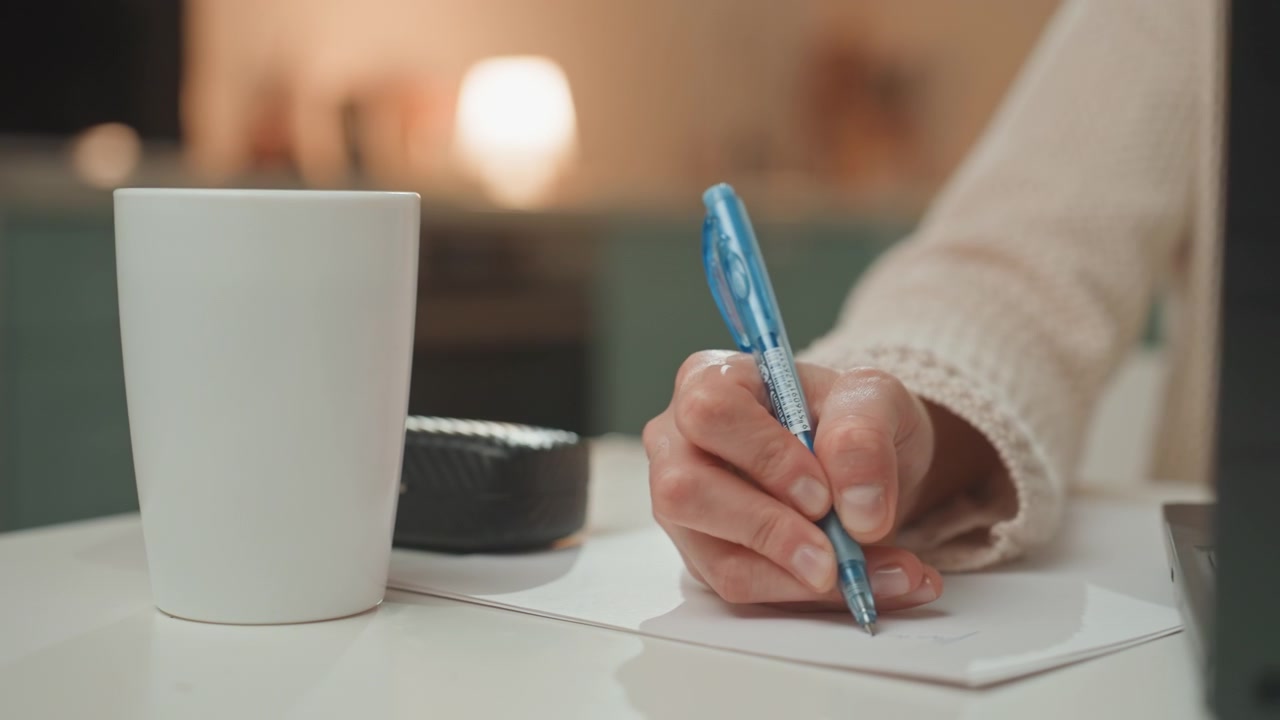 Caucasian hand writing lyrics beside mug, cozy kitchen lamp glowing, blue pen sketching words on notebook, laptop edge visible, intimate evening scene showing music lover crafting melody