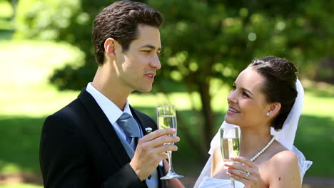 happy newlyweds toasting with champagne