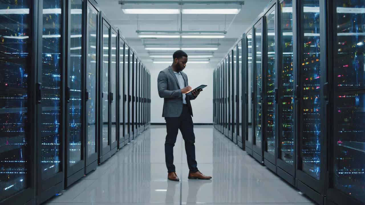 Man using tablet in data center