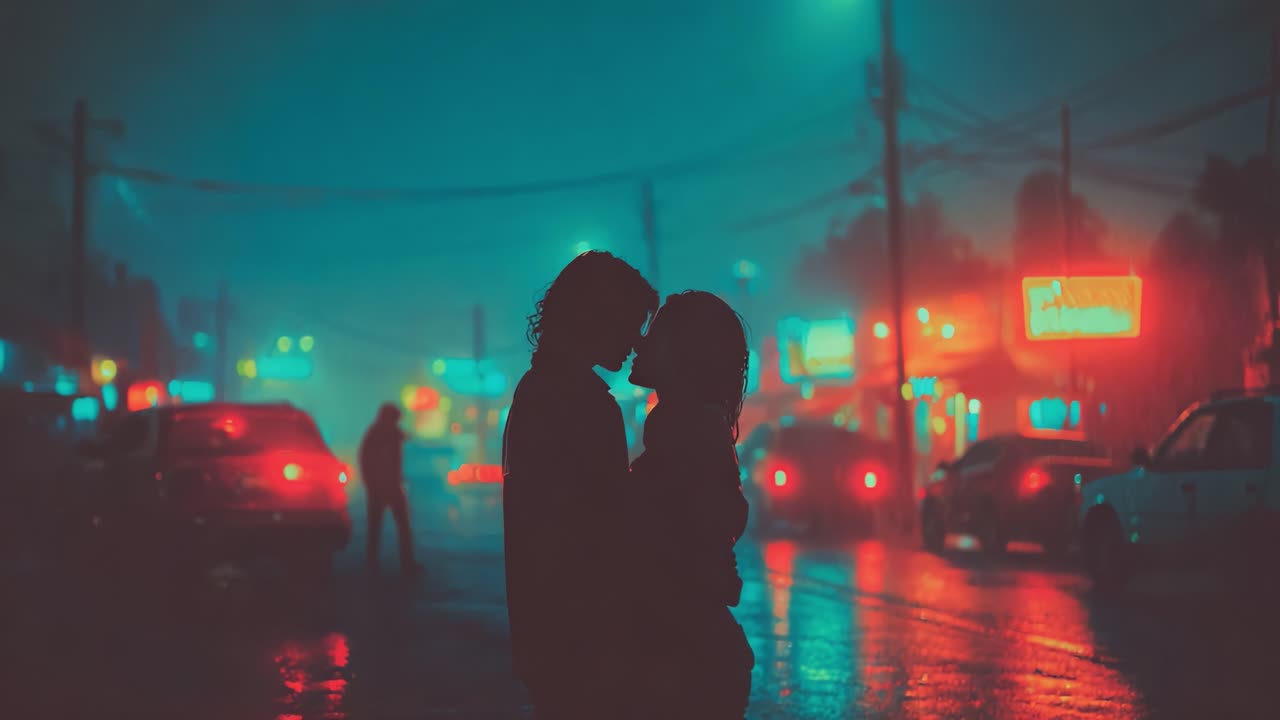 A Romantic Encounter in the Rain: A Couple Embraces Under Neon Lights Amidst a Misty Urban Landscape, Capturing the Beauty of Love in a Nighttime Setting