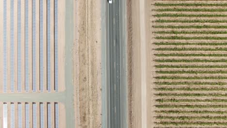 High-altitude-birds-eye-view-over-a-rural-road-in-the-countryside-with-solar-panels-on-the-left-hand-side-and-a-vineyard-on-the-right-hand-side