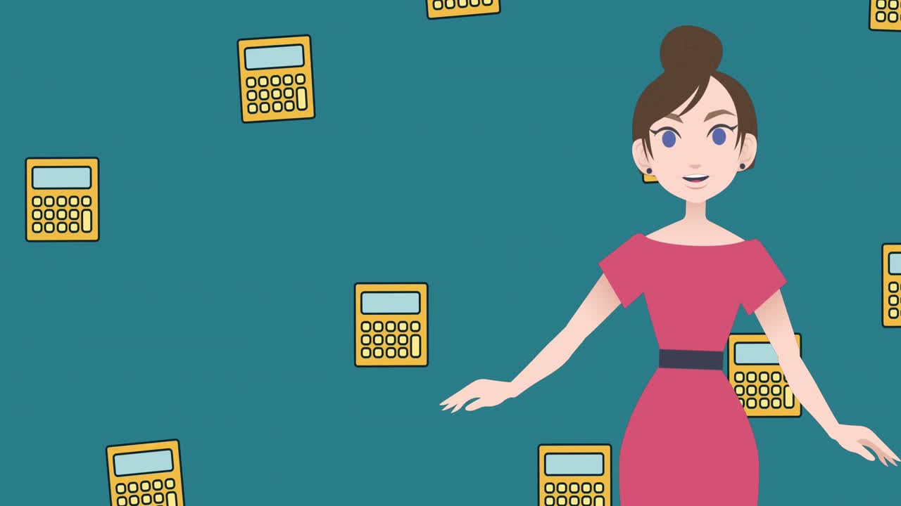 Animation of woman talking over calculator icons