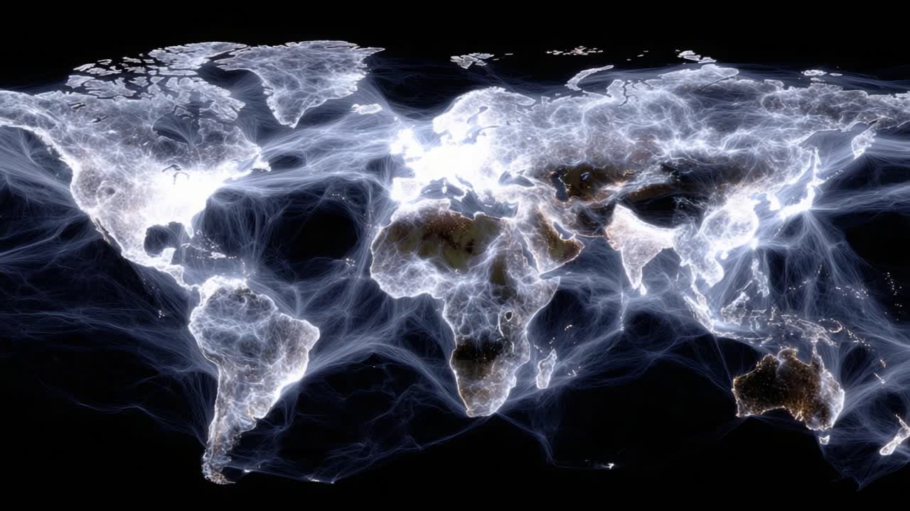 Illuminated Global Network Visualization Representing Connectivity Patterns Across Continents and Oceans in a Dynamic World Map