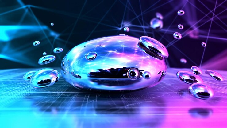 Una forma fluida lucida rimane vicino al centro mentre sfere e dischi riflettenti più piccoli si muovono attraverso luce blu e rosa, proiettando luminosi riflessi sul pavimento sotto linee wireframe intersecanti.