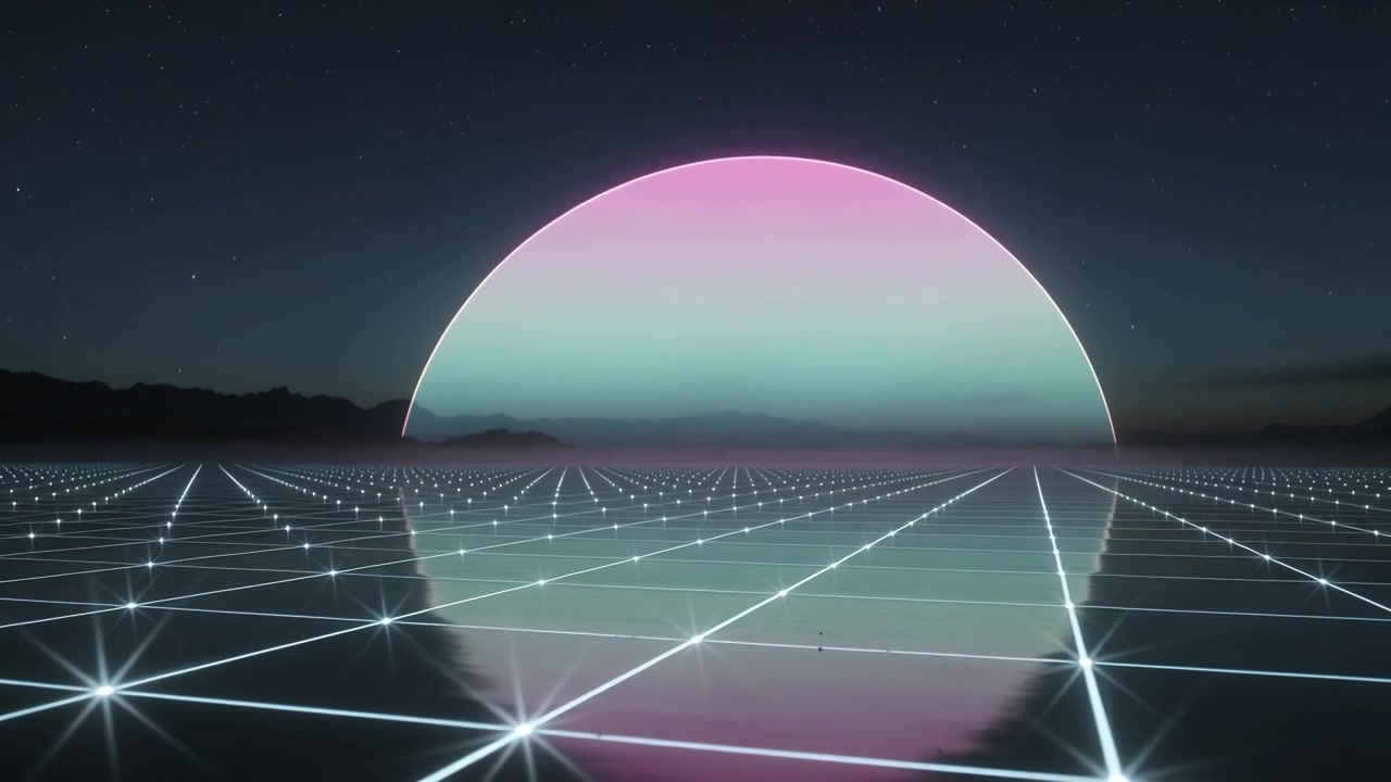 Starting playback, pastel disc descending toward horizon over neon grid, creating retro mood