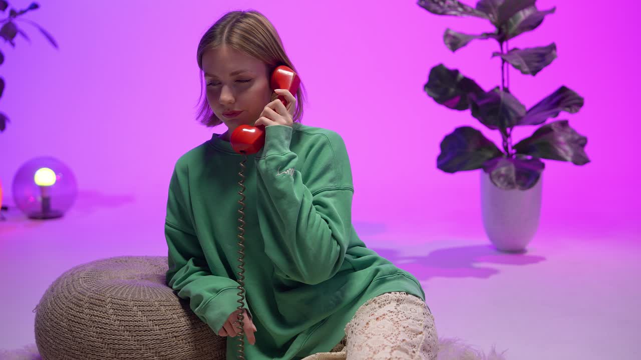 Young woman in a green sweatshirt and lace pants sits on a knitted pouf, speaking into a red vintage phone. Surrounded by potted plants and purple lighting, the scene blends retro style decor