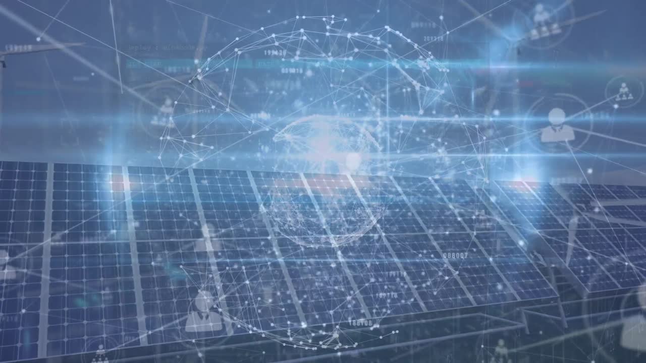 데이터 처리, 프로파일 네트워크, 태양 전력 발전소에 대한 점을 연결하는 애니메이션