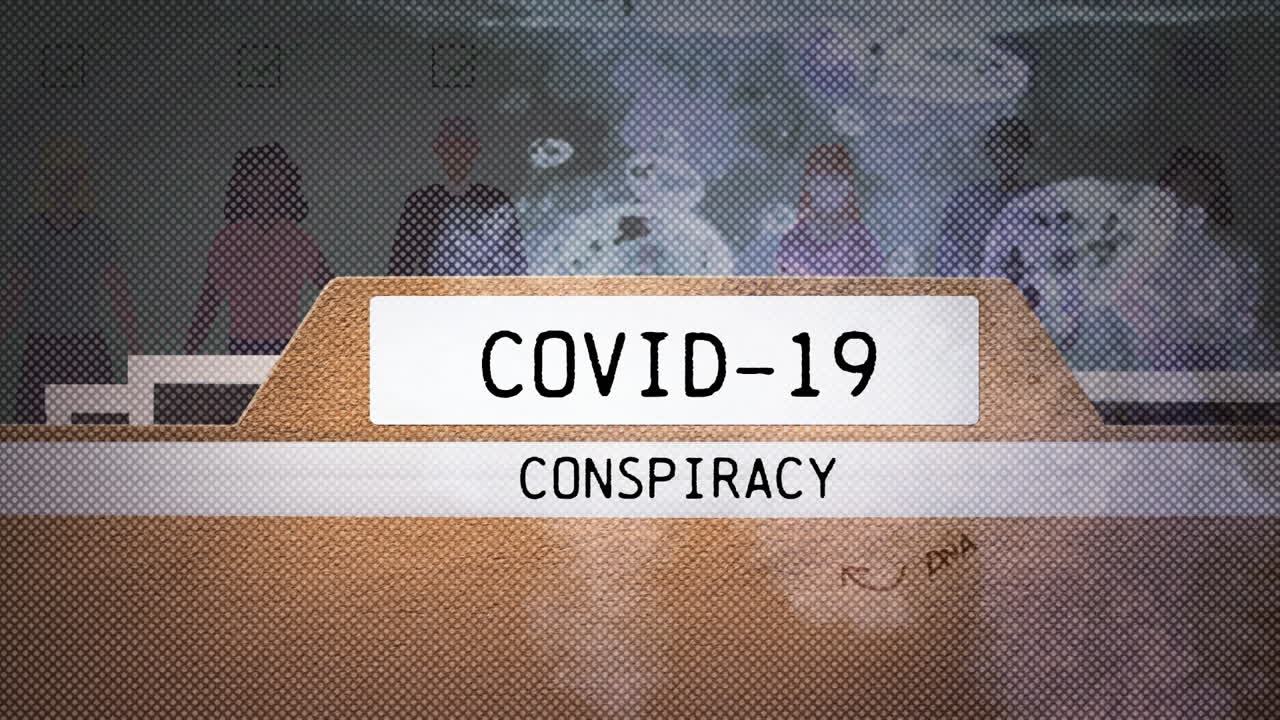 사회적 거리를 유지하는 사람들에게 대한 코로나19 음모 텍스트 배너와 연기 효과