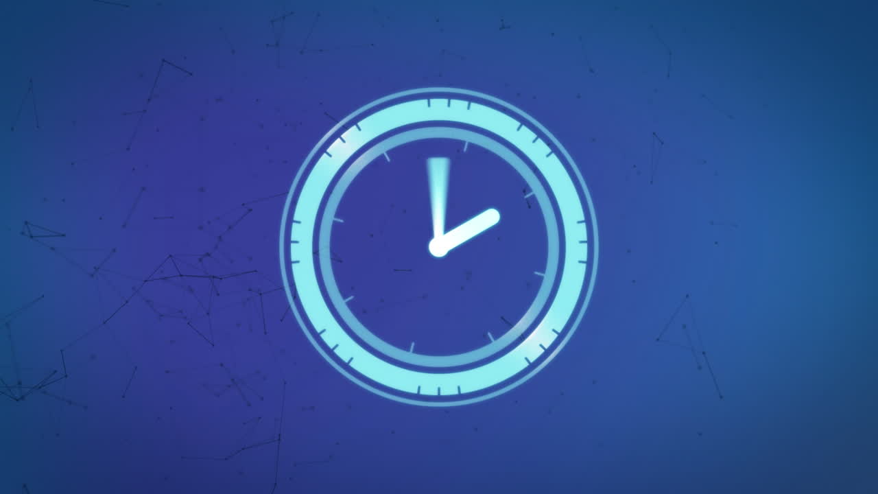 animación de escáner con esfera de reloj sobre redes de comunicación sobre fondo azul